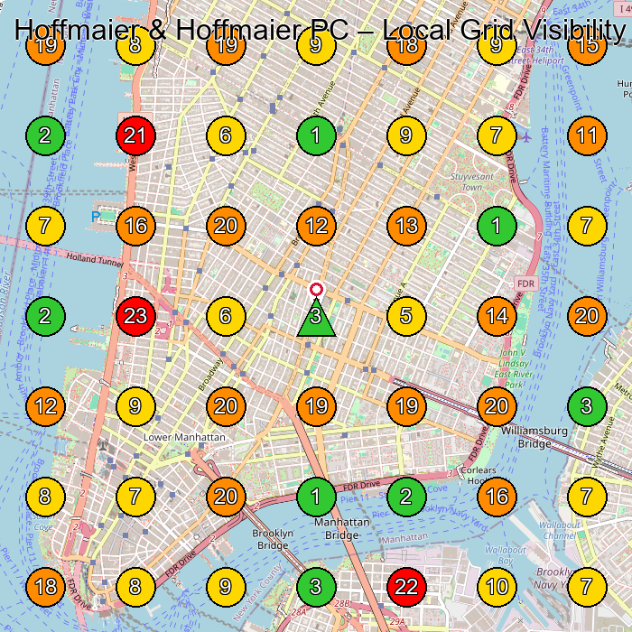 Hoffmaier & Hoffmaier PC Personal Injury Attorney GeoGrid ranking map for New York NY